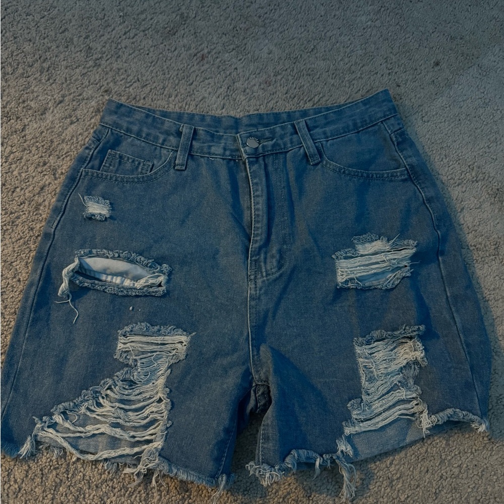 SHEIN Blue Distressed Jean Shorts High-Waisted